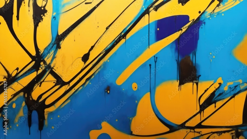 Obraz premium Colorful street art graffiti background. Brown, blue, yellow colors. Abstract wall surface with colorful drips, flows, streaks of paint and paint sprays