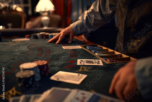 A highstakes blackjack table where a hidden card holds the power to make or break fortunes under a tense silence