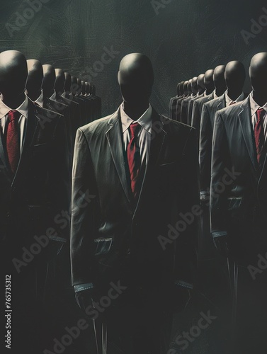 A parade of faceless suits, representing the impersonal and detached nature of corrupt officials