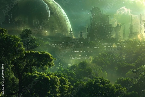 A space station orbiting an enchanted planet, where forests grow in hues unknown to Earth