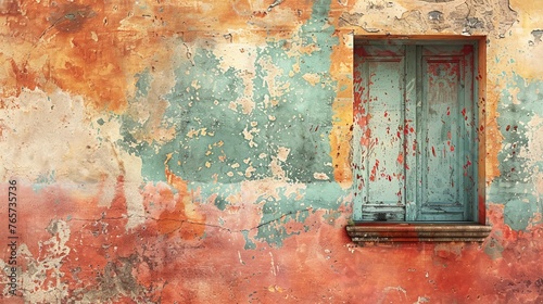 Weathered Wall With Peeling Paint In Warm Tones And Teal Accents. Vintage Window Shutter. Textured Background with Copy Space for text. AI Generated. AI Generated