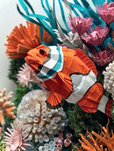 Amongst the realistic coral reefs, an origami clownfish hides within an anemone, its bright paper colors blending with the vibrant underwater life