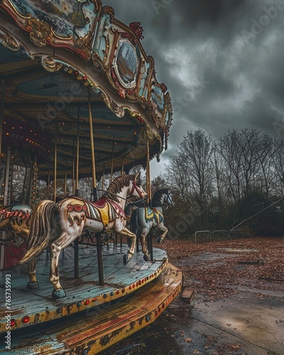 An abandoned carousel with faded, paintchipped horses under a cloudy sky, evoking a sense of nostalgia © Shutter2U