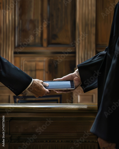 An oath being taken over a digital tablet, illustrating the blend of tradition and technology in law photo