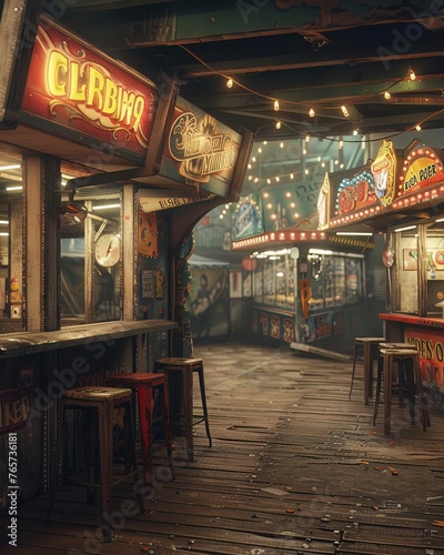 An oldtime carnival with wooden booths and classic games, deserted but full of character © Shutter2U
