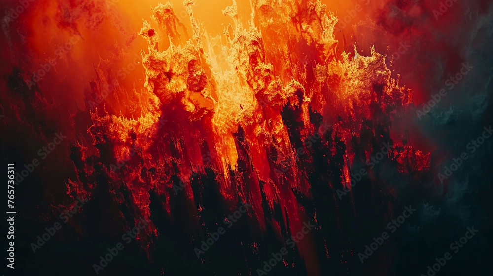 Abstract interpretation of a forest fire in reds, oranges, and blacks. ,