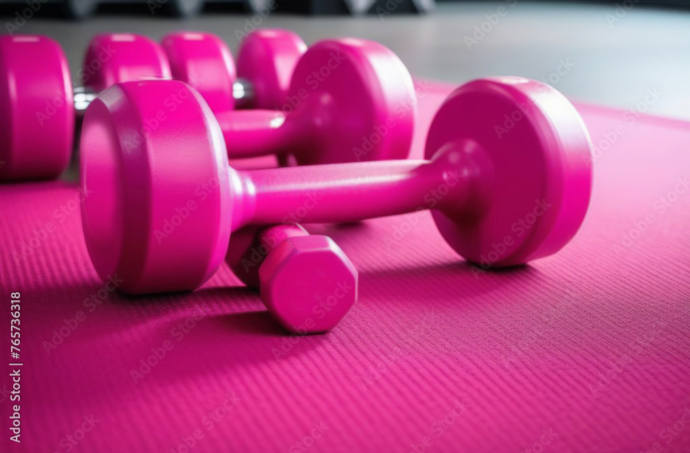 Pink dumbbells lie on a yoga mat tape of measuring waist size Pink background.Slimming, yoga, sports,healthy diet