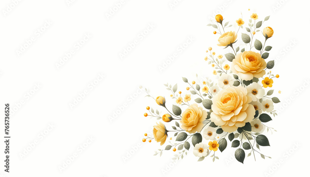A yellow floral arrangement in the far right corner against a pure white background - obrazy, fototapety, plakaty 
