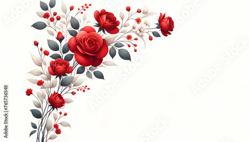 Based on the given sentences and tags, we can imagine an image that would depict a beautifully arranged bouquet of red roses surrounded by a decorative frame, illustrating themes of love and romance T