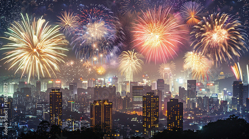 Vibrant Cityscape Illuminated by Fireworks