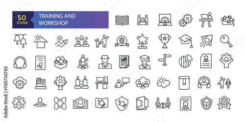 Training and workshop line icons collection. UI icon set in flat design. Recruitment, resume, candidate, interview simple icon.