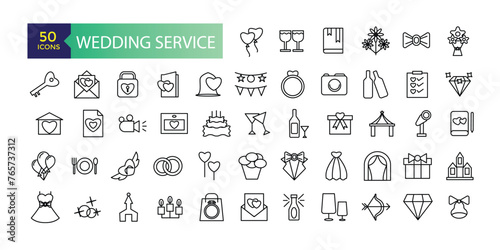 Wedding service icons set outline vector. Outline web wedding service icons such as website address, wedding vows, flower, wedding planner.