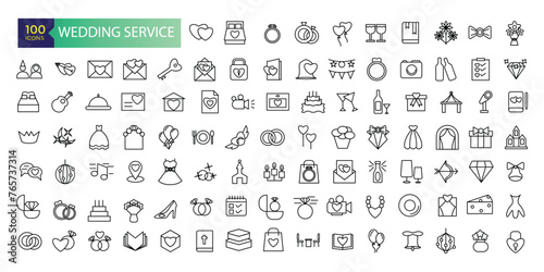Wedding service icons set outline vector. Outline web wedding service icons such as website address, wedding vows, flower, wedding planner. © Rubbble
