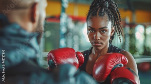 Determined middle aged woman boxer preparing for boxing fight. Fitness mid adult woman preparing for boxing training at gym. Beautiful strong sportswoman in boxing gloves prepared right hand punch. © PaulShlykov