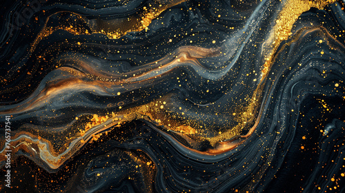 Abstract, shimmering gold and black art, resembling a starry night. ,