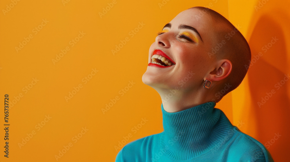 Vivid Expression: Joyful Woman with Glitter Makeup Laughing on Orange Background Vivid Expression: Joyful Woman with Glitter Makeup Laughing on Orange Background