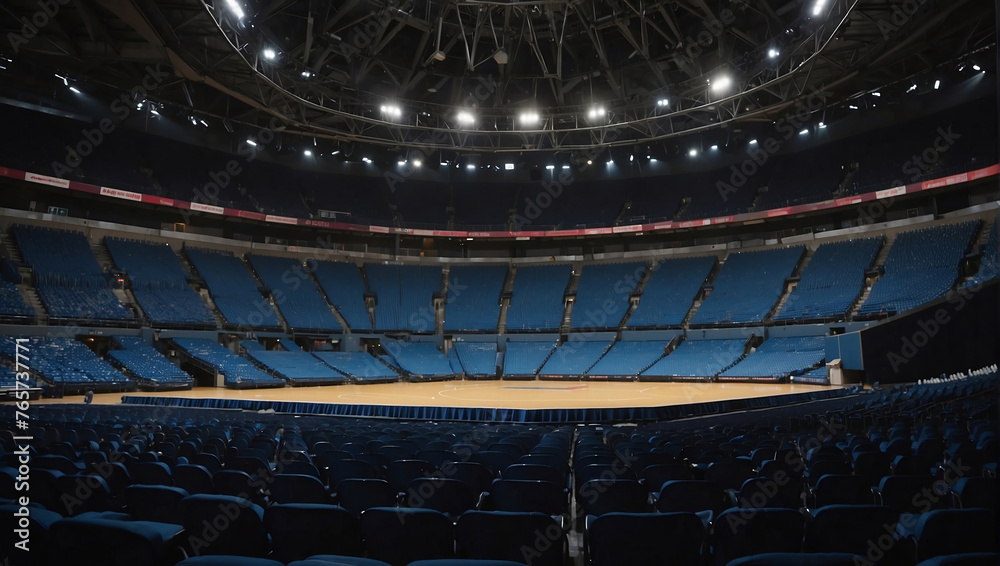 An empty basketball arena or stadium with illuminated floodlights and ...