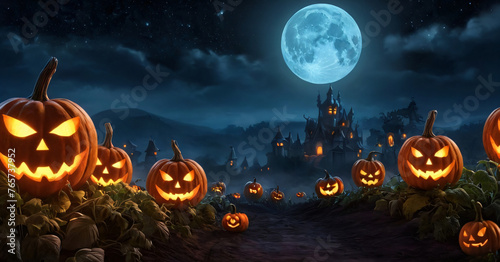 Halloween holiday. Many Jack-O-Lantern pumpkins on a large field