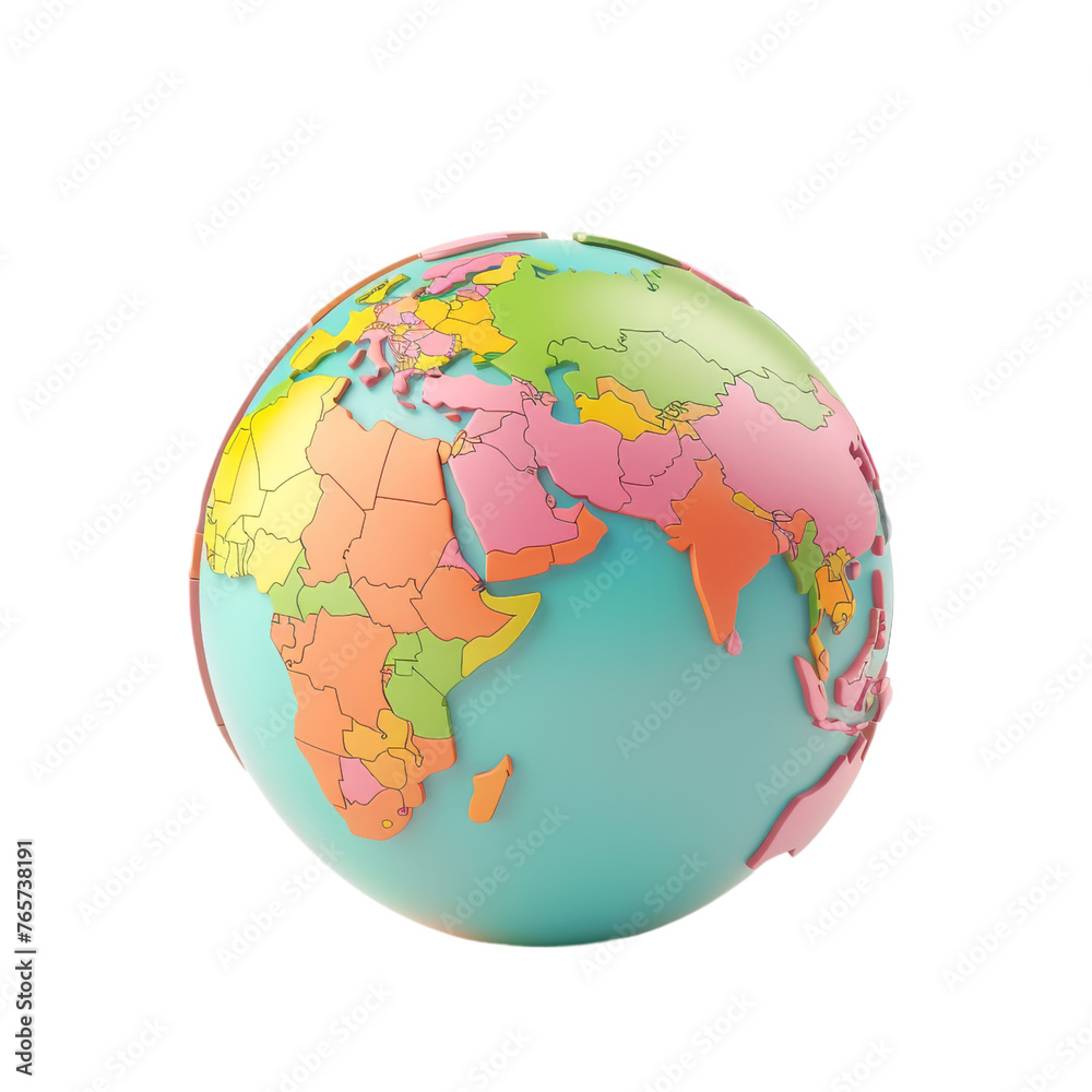 Colorful 3D World Globe, Political Map Design, Isolated on Black Background