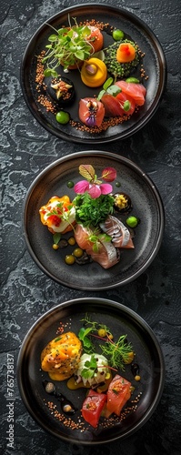 Elevate your culinary brand with a wide-angle shot that glorifies the art and precision of plating techniques Showcase the meticulous details  photo