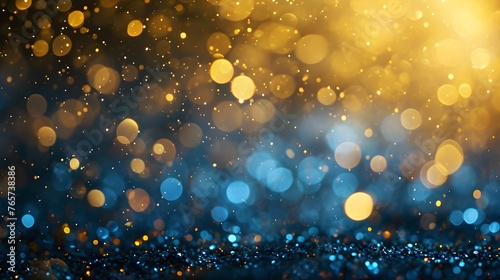abstract glitter background with golden and blue lights  shiny particles on dark background 