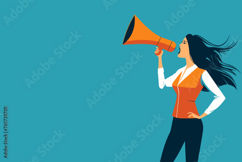 Businesswoman announcing job vacancies with megaphone, human resources recruitment for career opportunities, employment and hiring advertisement concept for job seekers and HR professionals.