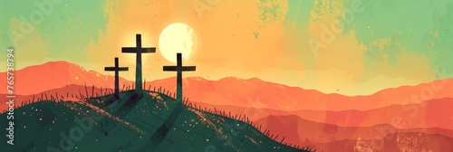 Three cross crucifix on mountain and orange green sky and sunshine texture background vector design
