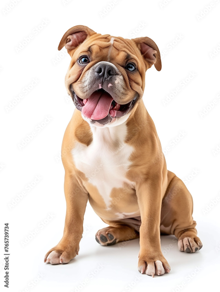 Happy Cute french bulldog sitting on white background with tongue out, front view shot. isolated photo.