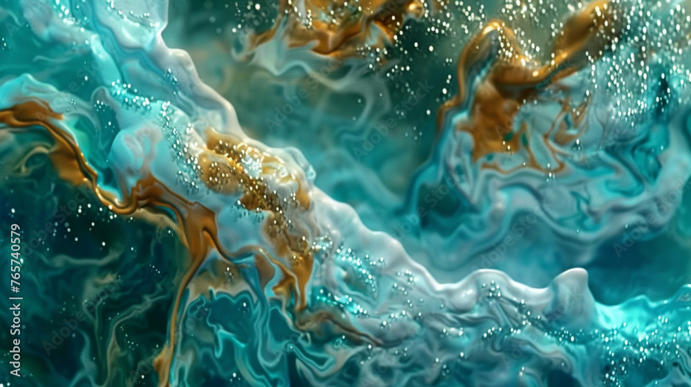 Fluid art with iridescent teals and golds, resembling underwater dreamscape. Fluid art with iridescent teals and golds, resembling underwater dreamscape.