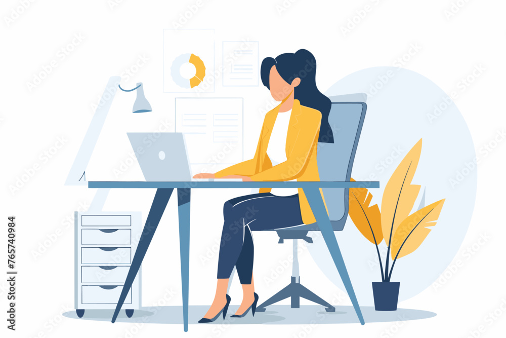 Businesswoman working efficiently on laptop, checking off tasks on checklist with alarm clock, productive time management and project planning to meet deadlines and achieve business goals concept.
