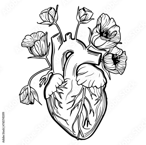 Human heart with flowers, love and emotion concept