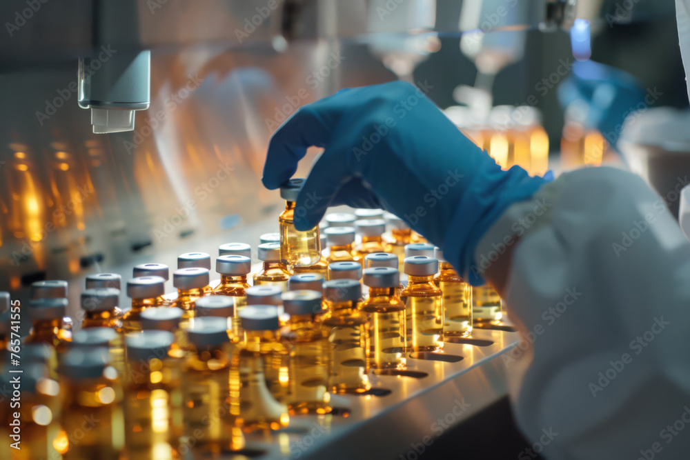 Medical Gloves Handling Test Tube Vials in Laboratory, Vaccine, Scientist - Generative AI