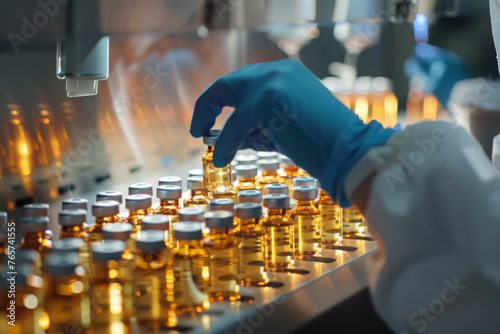 Obraz na płótnie Medical Gloves Handling Test Tube Vials in Laboratory, Vaccine, Scientist - Generative AI w salonie