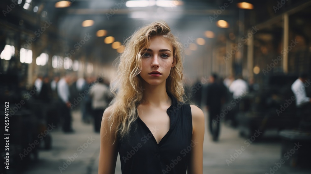 Beautiful young woman in a factory