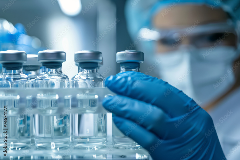 Medical Gloves Handling Test Tube Vials in Laboratory, Vaccine, Scientist - Generative AI