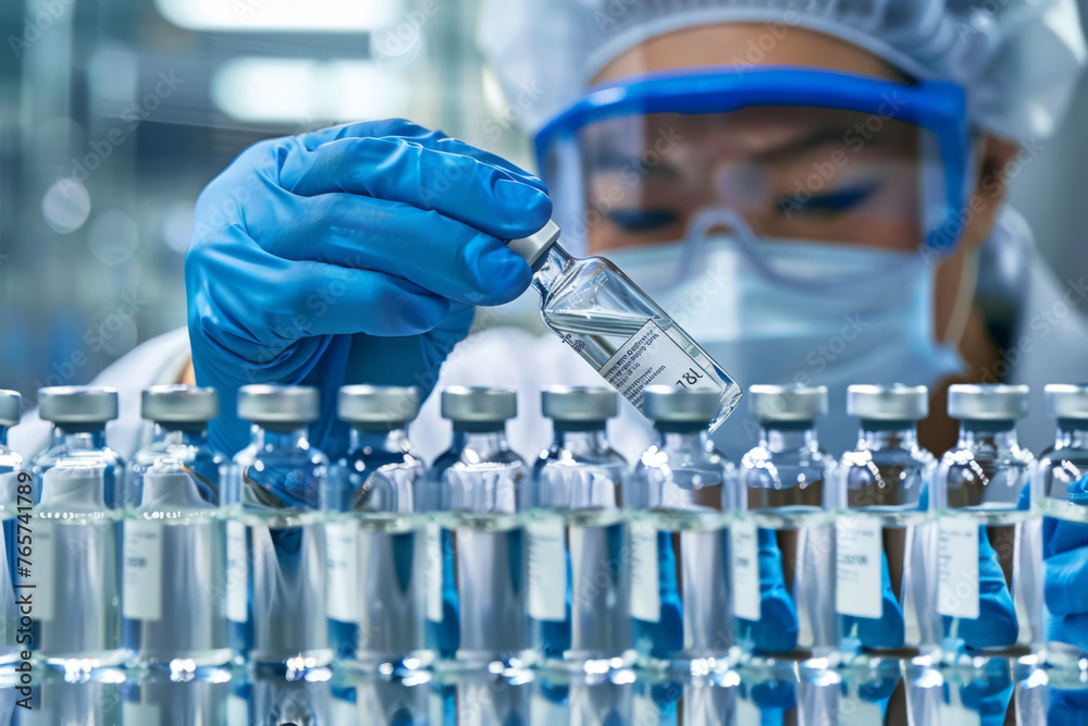 Medical Gloves Handling Test Tube Vials in Laboratory, Vaccine, Scientist - Generative AI