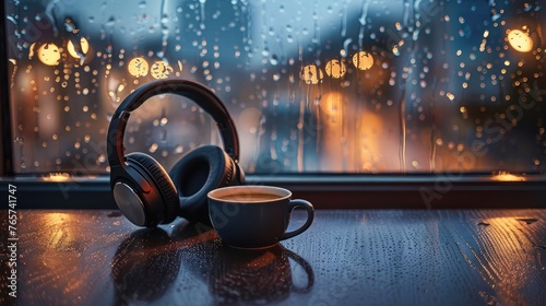 headphones rest on a sleek wooden table beside a steaming black coffee cup. Raindrops blur the window, creating a calming atmosphere. Perfect for capturing a moment of quiet contemplation 
