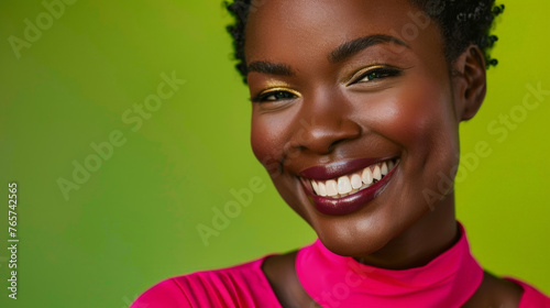 Carefree Elegance:Black Woman with a Glittering Smile and Dynamic Hair on a Yellow Backdrop