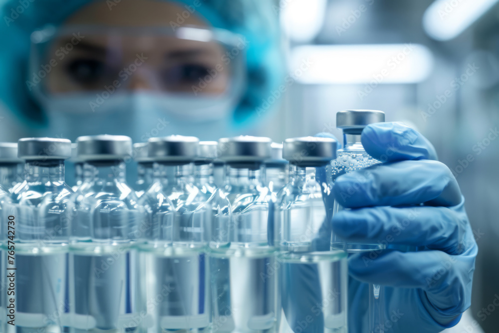 Medical Gloves Handling Test Tube Vials in Laboratory, Vaccine, Scientist - Generative AI
