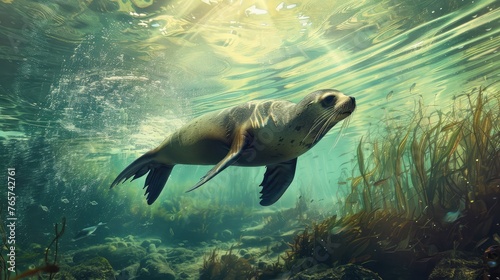 A sea lion swims underwater in a tidal lagoon. in a blue sea.