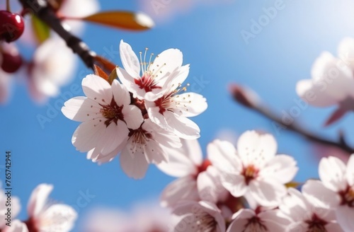 Apple blossom flowers on a branch close up against the background of the blue sky.