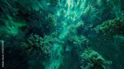 Stylized abstract forest in emerald green and deep blues.