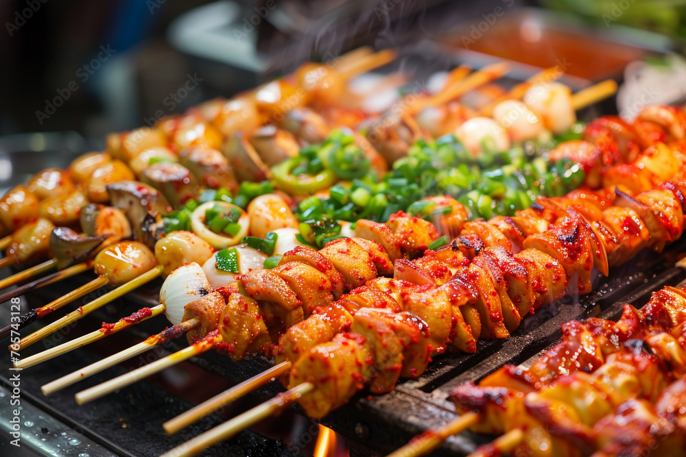 Sizzling skewers on grill, spicy chicken, seafood. Street food delight, authentic Asian flavors. Perfect for culinary guides, food blogs, casual dining
