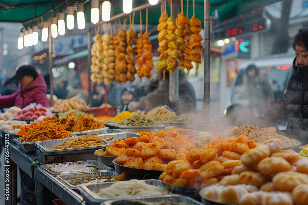 Bustling Asian street food market. Variety of traditional snacks, vibrant urban atmosphere. Travel guides, culinary blogs, cultural festivals. Authentic local cuisine experience