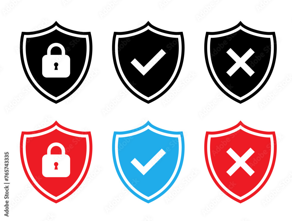 Shield with padlock, checkmark, and cross mark icon in flat style Shield with padlock, checkmark, and cross mark icon in flat style