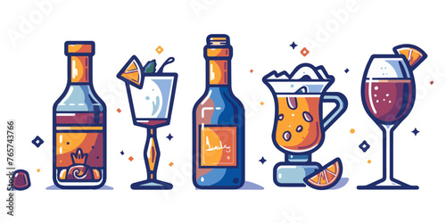 Stylized Alcohol Beverages and Bottles Illustration

