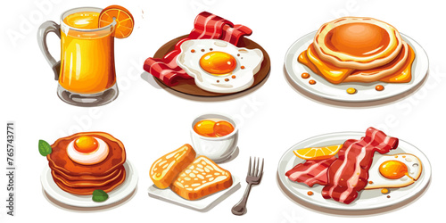This appetizing illustration captures a classic breakfast assortment with sunny side up eggs, bacon, pancakes, toast, and fresh orange juice.
