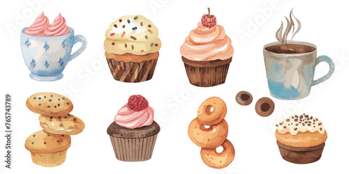 A playful and inviting watercolor set showcasing an array of cupcakes, coffee cups, and cookies with splashes of pastel colors.
