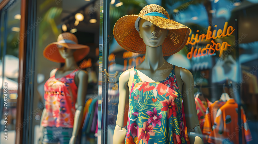 Naklejka premium A photorealistic image of a store window with mannequins wearing summer clothes, with details of the clothes' bright colors and patterns, the mannequins' cheerful expressions.