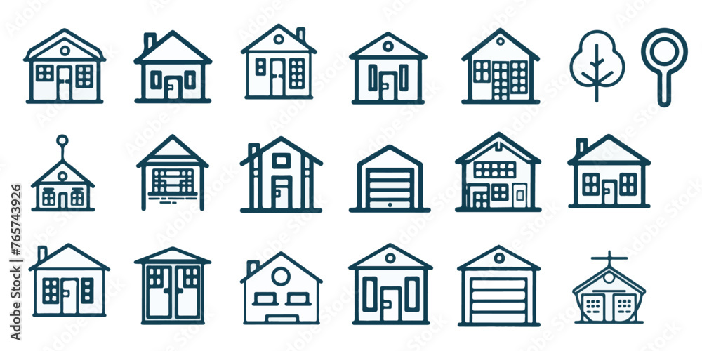 This set includes various blue line icons of houses, trees, and real estate elements, perfect for property-related websites and marketing materials.
